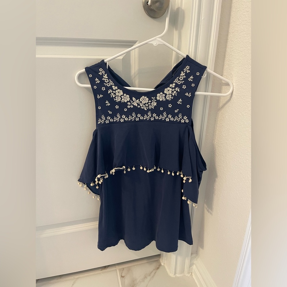 Navy Blue Embroidered Sleeveless Top